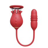 Succionador de clítoris y vibrador de empuje con doble lengua y balanceo en forma de rosa